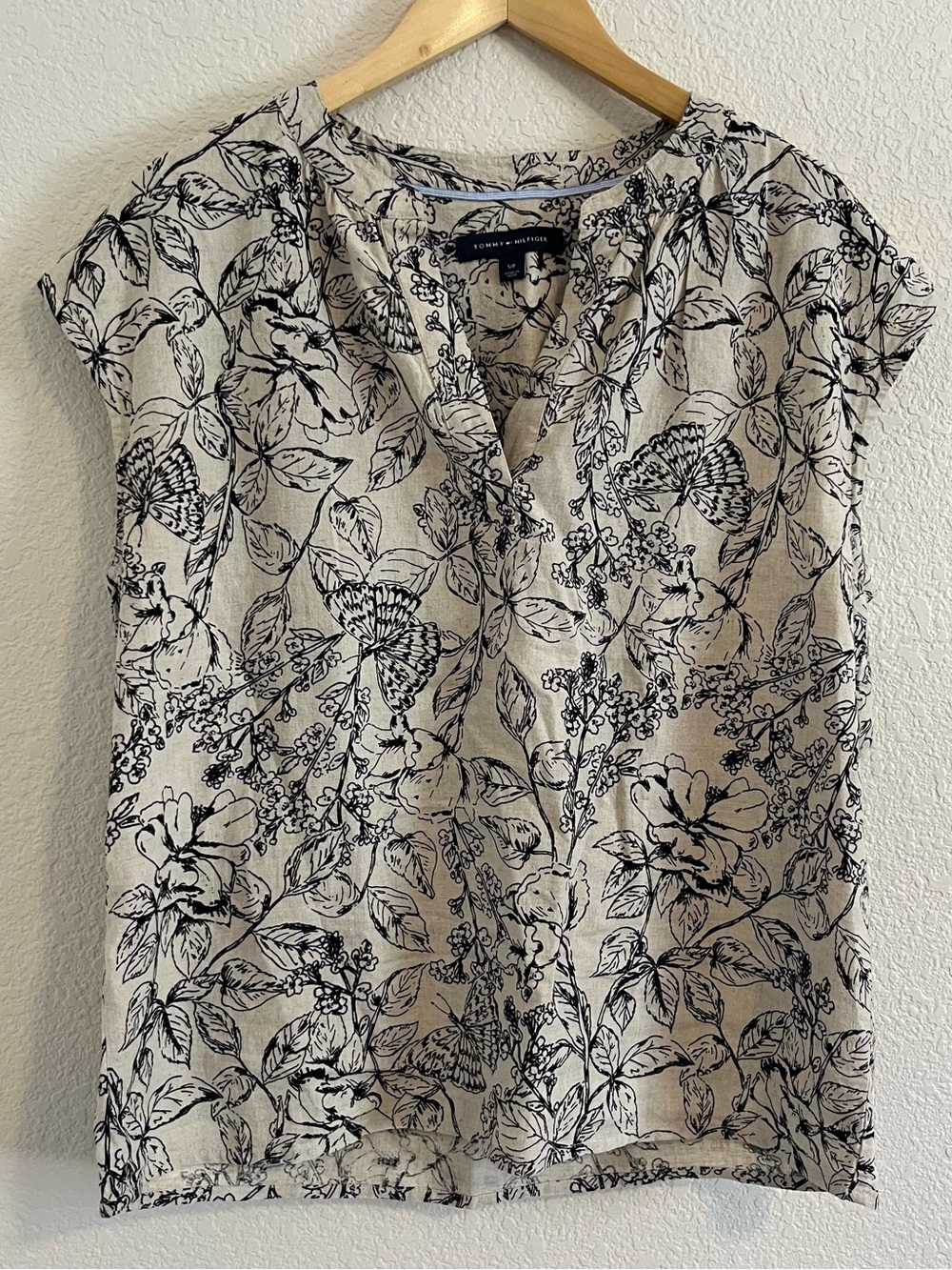 Tommy Hilfiger Linen Blend Floral Pullover Band Collar Top Shirt Blouse